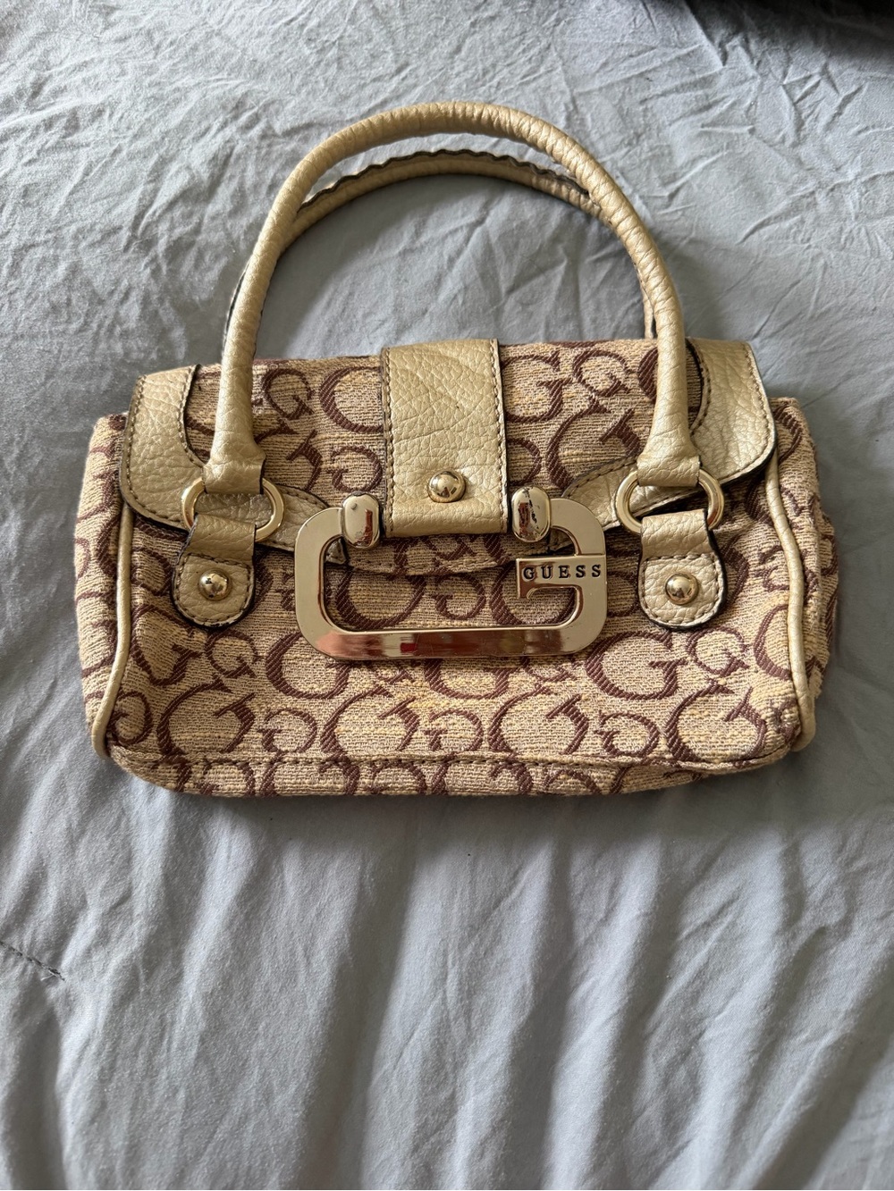 GUESS Tan and Brown Monogram Satchel with Gold Hardware